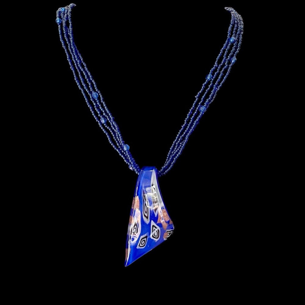 Blue Glass Pendant Necklace with Multi-Strand Beaded Chain